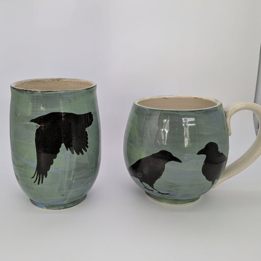 Pottery Mug - Blue/Green Crow
