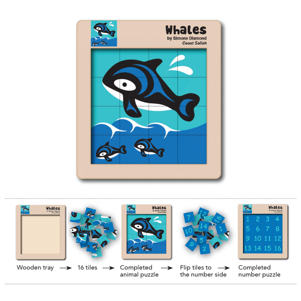 Double-Sided Wooden Tile Puzzle-Whales